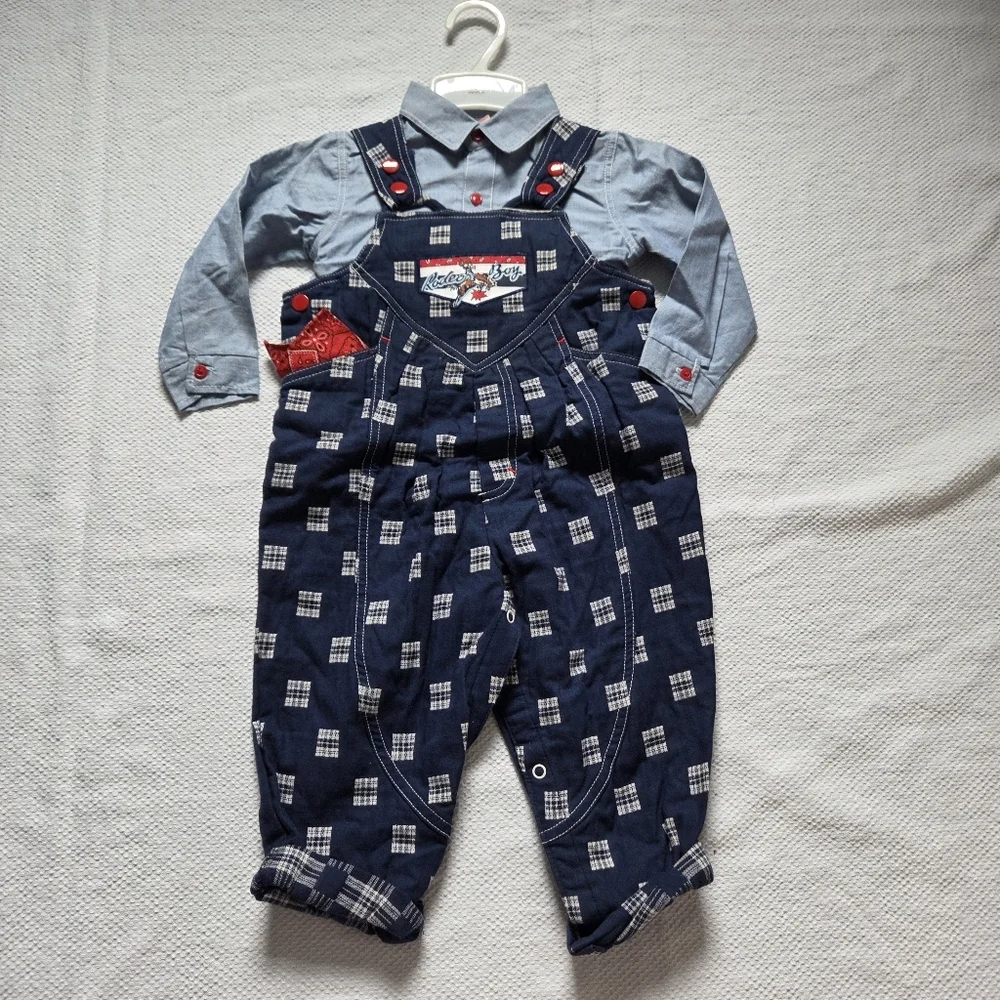 Navy Plaid Kids Overalls With Red Bandanna Western Rodeo Fit - Picture 1 of 7